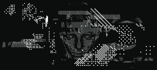Android head made of pixels and particles. Artificial Intelligence, Neural network and futuristic technology concept.  