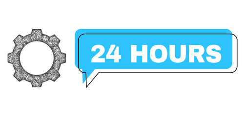Chat 24 Hours blue cloud frame and net mesh gear. Frame and colored area are misplaced to 24 Hours caption, which is located inside blue bubble. Vector quote caption inside chat contour.