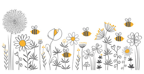 bees in a wildflower meadow, grey, white and yellow, filigree, vector, illustration, hand drawing - obrazy, fototapety, plakaty