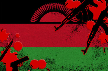 Malawi flag and guns in red blood. Concept for terror attack and military operations