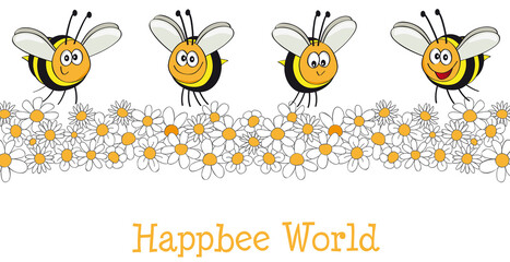 Happbee World with happy bees, Happy Bee colony,  cartoon, vector, illustration