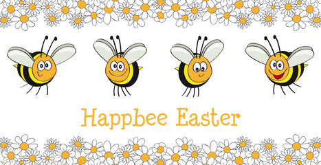 Happy Easter card with funny and cute bees,  in a frame of daisies, vector, illustration, cartoon