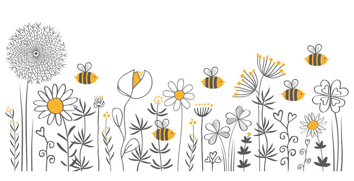bees in a wildflower meadow, grey, white and yellow, filigree, vector, illustration, hand drawing