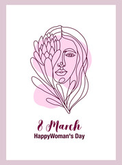 Vector illustration of a card with a girl and a protea flower in an endless line style. Postcard for international women's day with lettering on March 8