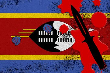 Swaziland flag and black tactical knife in red blood. Concept for terror attack or military...
