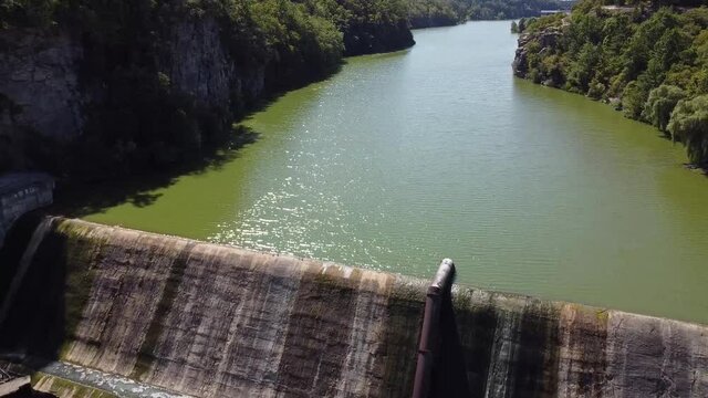 View of the dam in the river. Drone Video. Park near Teteriv River. Zhytomyr. Ukraine. Europe