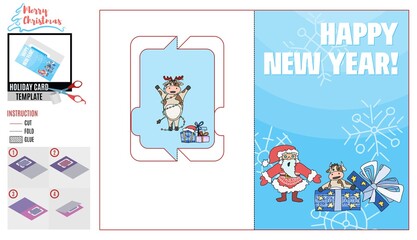 card template with santa claus and bull in a box