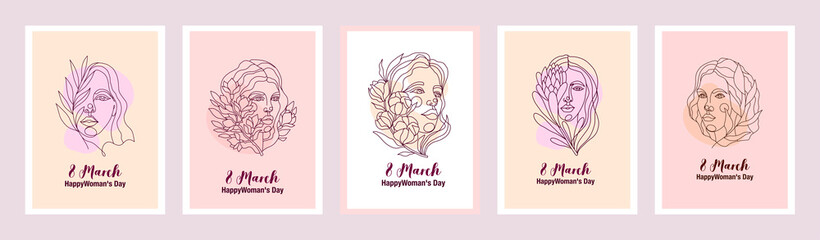 Vector cards with illustrations with women faces. International womens day series of postcards. Sisterhood and Feminism. Set of graceful line art postcards