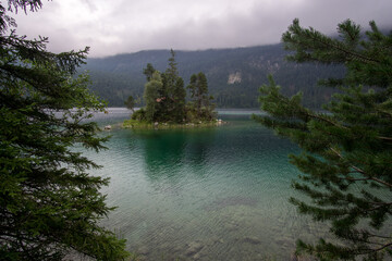 beautiful lake view to eibsee and zugspitze, bavarian landmark