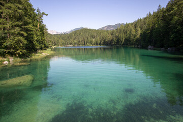 beautiful lake view to eibsee and zugspitze, bavarian landmark
