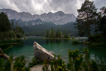 beautiful lake view to eibsee and zugspitze, bavarian landmark