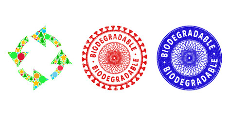 Recycle composition of Christmas symbols, such as stars, fir trees, multicolored round items, and BIODEGRADABLE corroded stamp imitations. Vector BIODEGRADABLE imprints uses guilloche ornament,