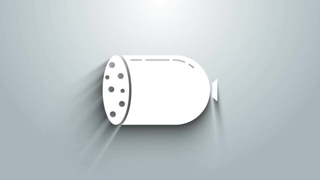 White Salami sausage icon isolated on grey background. Meat delicatessen product. 4K Video motion graphic animation