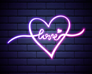 Neon sign, the word Love with heart on dark background. Design element for Happy Valentine's Day. Ready for your design, greeting card, banner. Vector illustration.