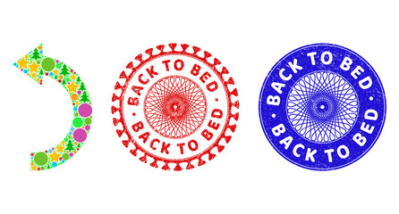 Rotate left mosaic of Christmas symbols, such as stars, fir trees, colored balls, and BACK TO BED dirty seals. Vector BACK TO BED seals uses guilloche ornament, designed in red and blue variants.