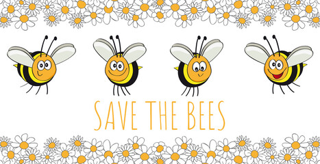 Save the bees card, cute and funny bees in a frame of flowers, hand drawing, vector, illustration, cartoon