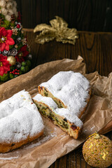 Christmas Stollen on a wooden table.