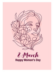 Fototapeta na wymiar Modern beautiful girl with cotton flowers. Postcard for woman, mother, sister on March 8. Nice vector illustration of a portrait in line art style on a pink background with lettering