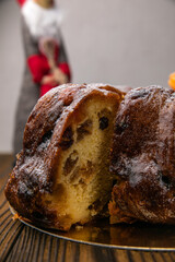 Panettone holiday cake on a wooden background

