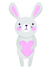 Cute Scandinavian hand drawn bunny rabbit holding heart. Simple flat style vector illustration for Valentines day, Easter. Clip art childish animal character.