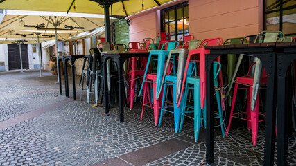 Fototapeta na wymiar Closed and empty bars, restaurants and cafes due to Coronavirus in the Ljubljana city, Slovenia.