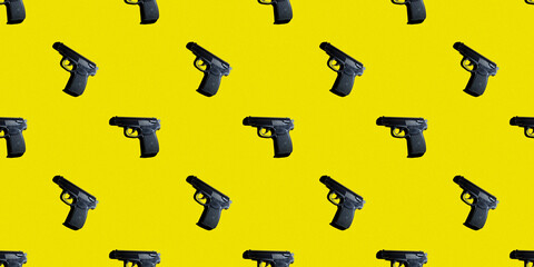 Seamless pattern, weapon texture. Gun on a yellow background. Repeat photo elements for design.