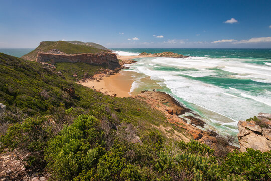 Scenic view of coastline and sea at Robberg Nature Reserve, Plettenberg Bay, South Africa.