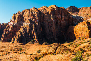 Patterns of Erosion in Petrified Sand Dunes With Red Mountain In The Distance, Snow Canyon State Park, Utah, USA