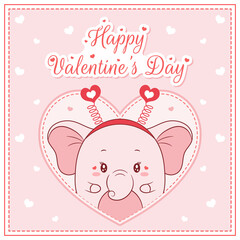 happy valentines day cute elephant drawing post card with hearts