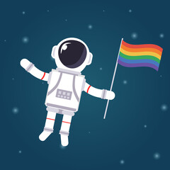 Astronaut holding a gay flag and hovers in space. LGBT and homosexuality concept. Copy space for design. Flat style design vector