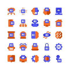 Set of Artificial Intelligence AI Robotic Algorithm flat style icon - vector