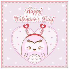 happy valentines day cute owl drawing post card with hearts