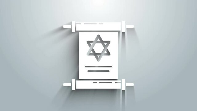 White Torah scroll icon isolated on grey background. Jewish Torah in expanded form. Star of David symbol. Old parchment scroll. 4K Video motion graphic animation