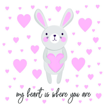 My heart is where you are - text lettering. Romantic vector quote for posters, Valentine day, miss you cards. Cute hand drawn animal character bunny rabbit with hearts. Love, distance, romance concept