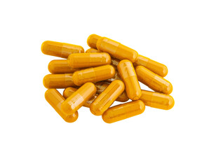 Turmeric Capsule herb drug isolated on white background. have curcuminoids. tropical food for...