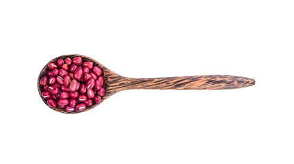 Red beans in wood spoon on white background