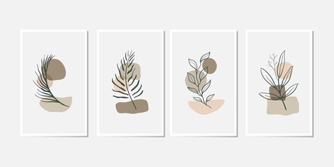 Set of Botanical wall art vector illustration. Abstract shape with Tropical Line art drawing and trendy contemporary composition. Abstract design for poster, cover, print, wallpaper