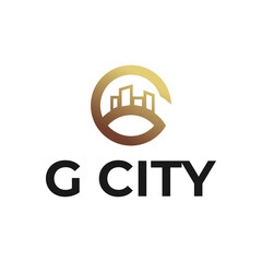 Letter G logo design and city office building. Vector graphics for business, company or brand