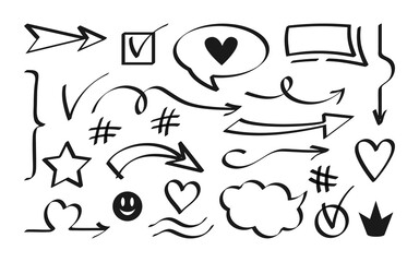 Arrow and speech bubble hand drawn black icon set. Sign collection cross, check mark, interrogative and exclamation design element. Business shapes objects vector illustration