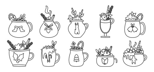Christmas mug drink outline set. Holiday cocoa with marshmallows, cup hot chocolate or winter coffee. Vintage New Year collection of different template cup with candy cane Isolated vector illustration