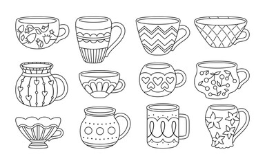 Cup with tea or coffee black outline cartoon style set. Flat modern collection. Decorated different ornament. Hand drawn line trendy crockery, handle drinking drink. Isolated vector illustration