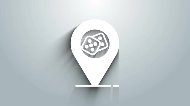 White Casino location icon isolated on grey background. Game dice icon. 4K Video motion graphic animation