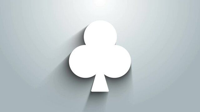 White Playing card with clubs symbol icon isolated on grey background. Casino gambling. 4K Video motion graphic animation