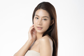 Fototapeta premium Beautiful Young asian Woman with Clean Fresh Skin, on Pink background, Face care, Facial treatment. Cosmetology, beauty and spa. Asian women portrait