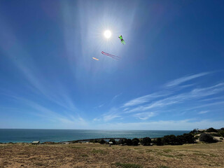 Three 3 large summer kites circling the sun coastal beach breeze