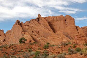 Fototapeta na wymiar Sandstone formations shaped as cutting boards, Arches National Park