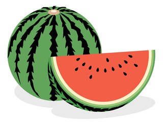 丸ごととカットされた赤いスイカのイラスト