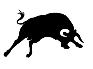 black silhouette of a running bull on an white background for stickers and decoration