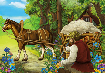 cartoon scene with farmer in the forest near the wooden farm