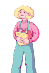 Happy teen girl with vape e-liquid pack. A good buy. Cute young woman vaper. Alternative to smoking. Healthy lifestyle. Quit smoking. Vape store. Vector illustration in cartoon style. Isolated  